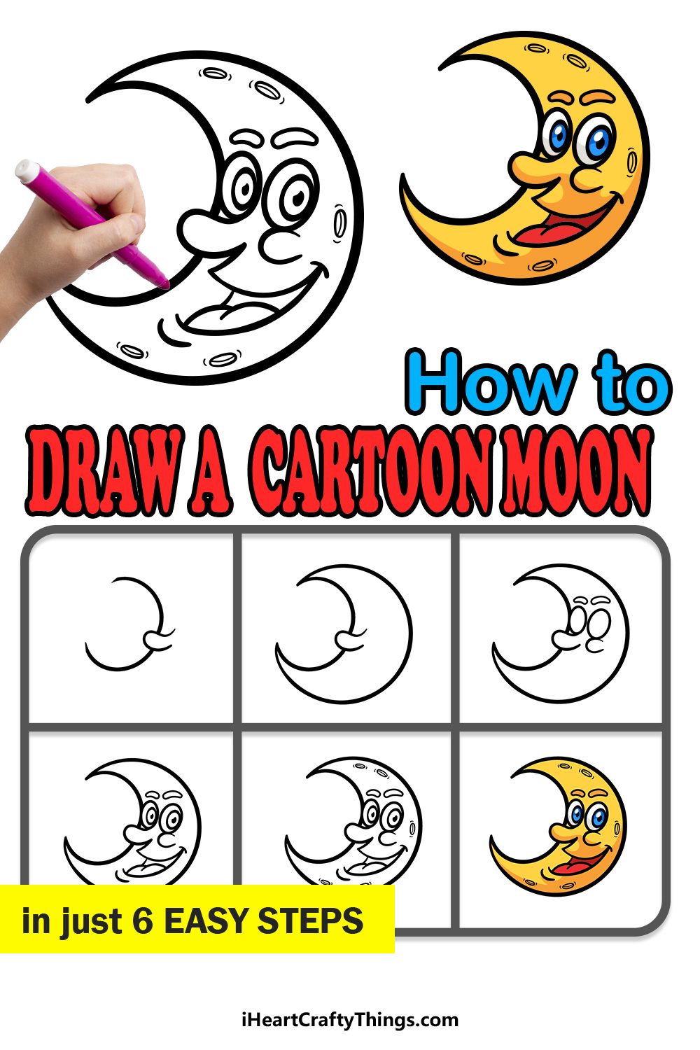 how to draw a cartoon moon in 6 easy steps