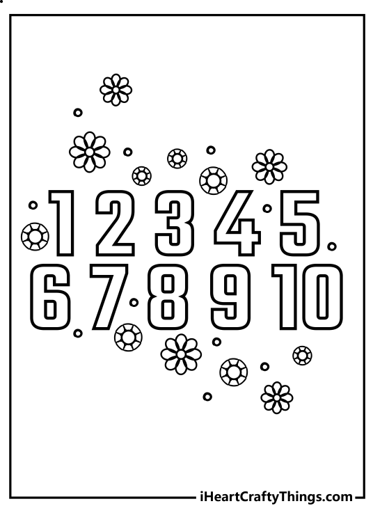 Coloring drawing featuring numbers 1 to 10 surrounded by plenty of flower shapes