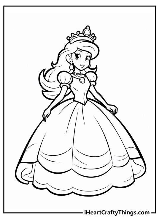 Black-and-white printable for kids featuring Princess Peach from Super Mario video game