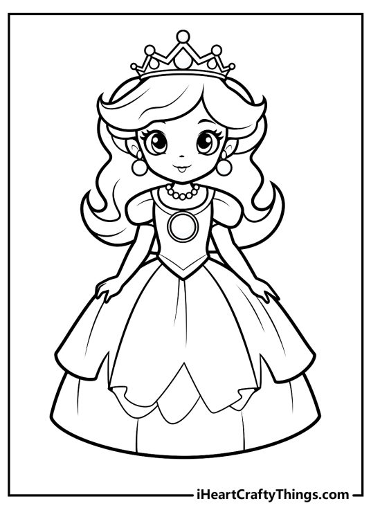 Detailed coloring image presenting Super Mario character Princess Peach wearing her signature ball gown
