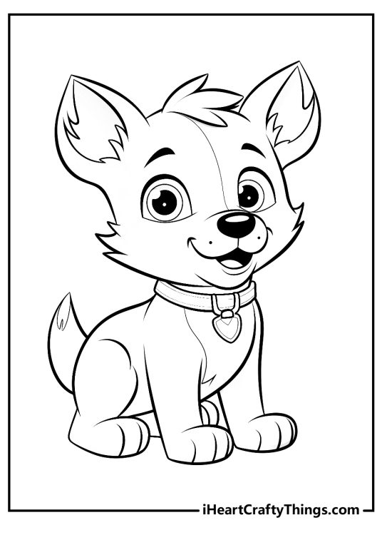 Printable coloring image depicting adorable puppy with a tag jingling around his neck