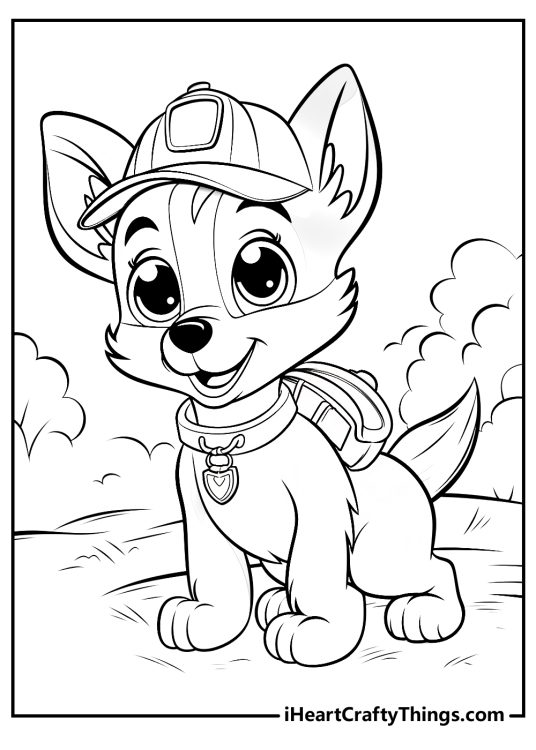 Puppy-themed coloring page featuring cartoony pup on a walk with a backpack and a cap