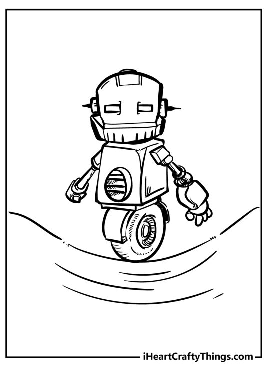 Free printable drawing for kids presenting robot with a single wheel instead of legs