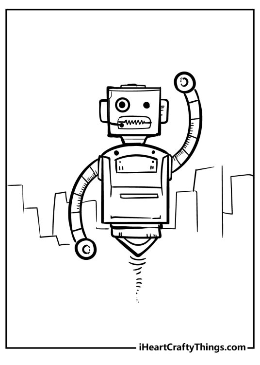Picture of a futuristic robot floating in mid-air with simple buildings in the background