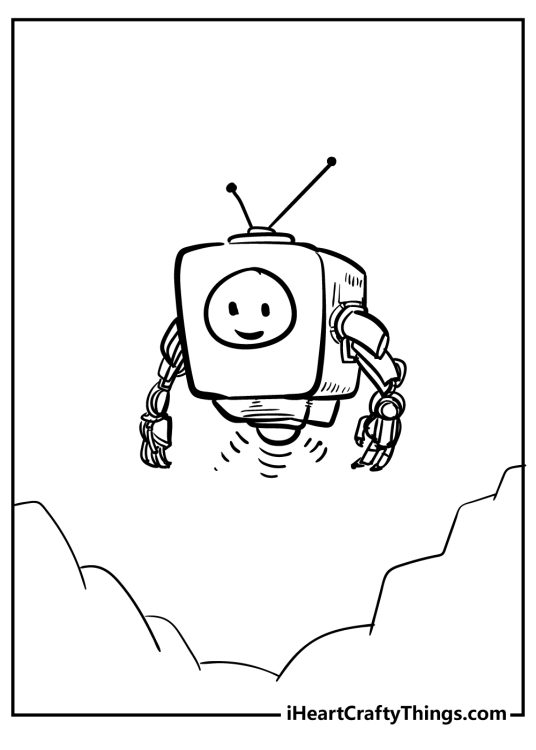 Free printable of a square-shaped robot with smiling face floating over some kind of landscape