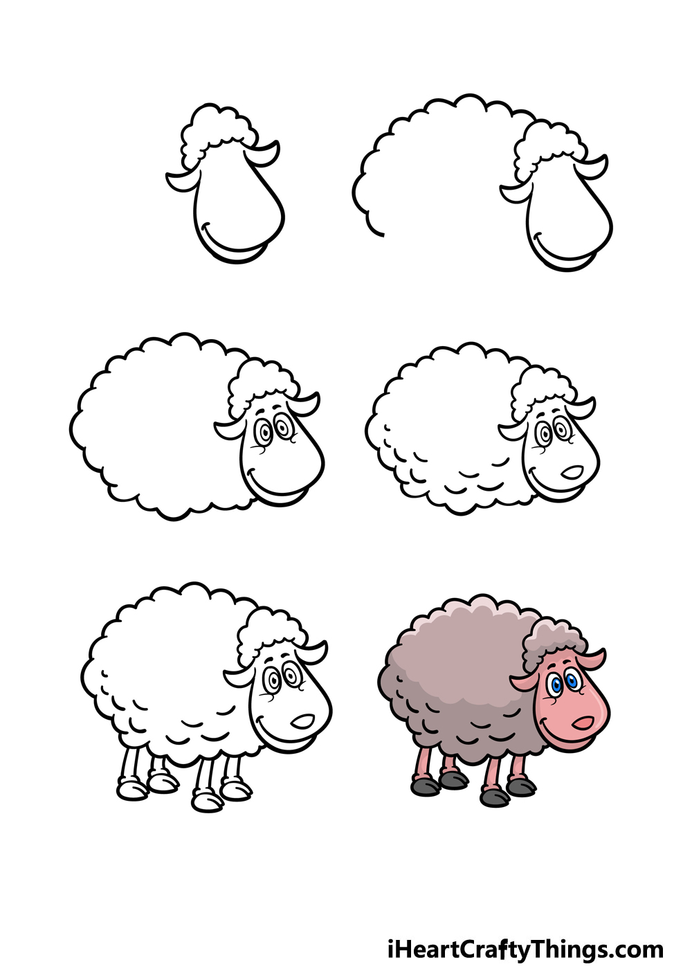 how to draw a cartoon sheep in 6 steps