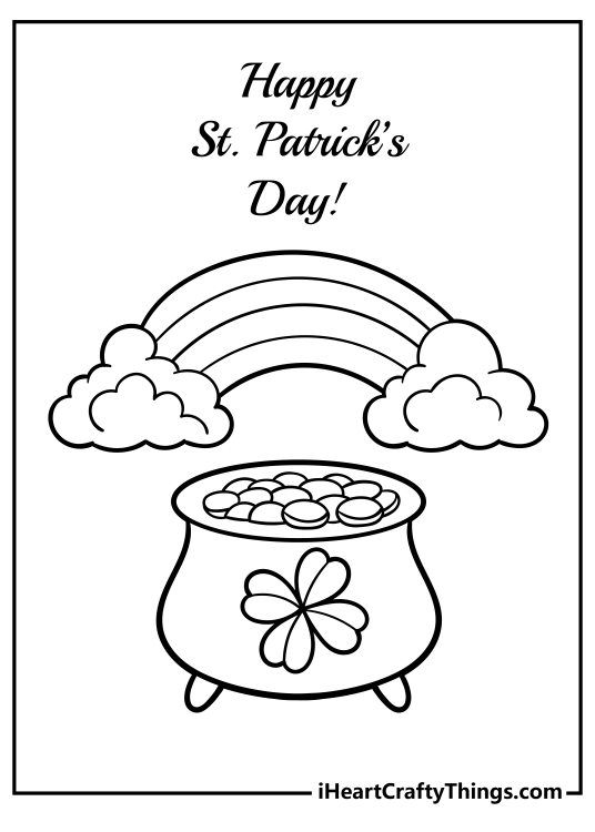 Coloring card depicting Happy St Patricks Day text at the top of the page with a rainbow and pot of gold under it