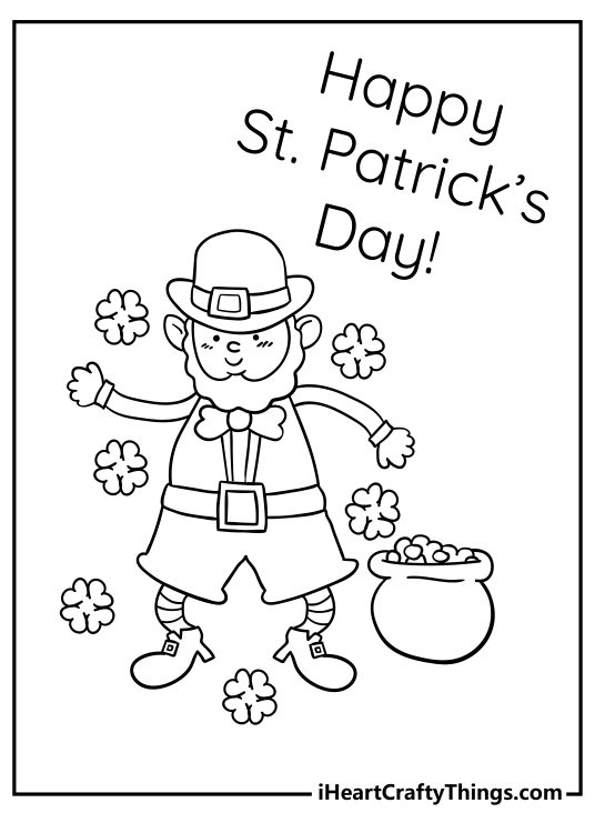 Poster presenting Happy St Patricks Day message and a cartoony leprechaun surrounded by clovers