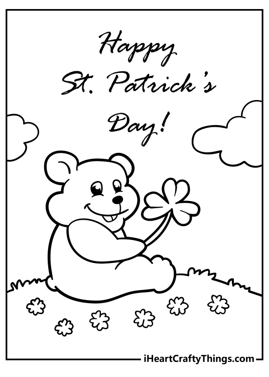 Image featuring bear holding a giant four-leaf clover and a Happy St Patricks Day phrase above his head
