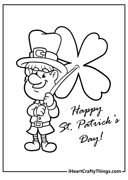St Patricks Day coloring printable featuring leprechaun holding a giant four-leaf clover umbrella
