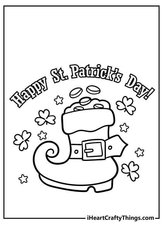 Picture of an extravagant boot filled with gold coins and a Happy St Patricks Day greeting above it