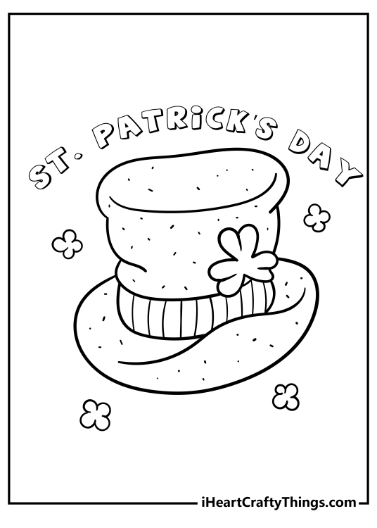 Detailed coloring drawing of a hat with a shamrock and a St Patricks Day phrase written above it
