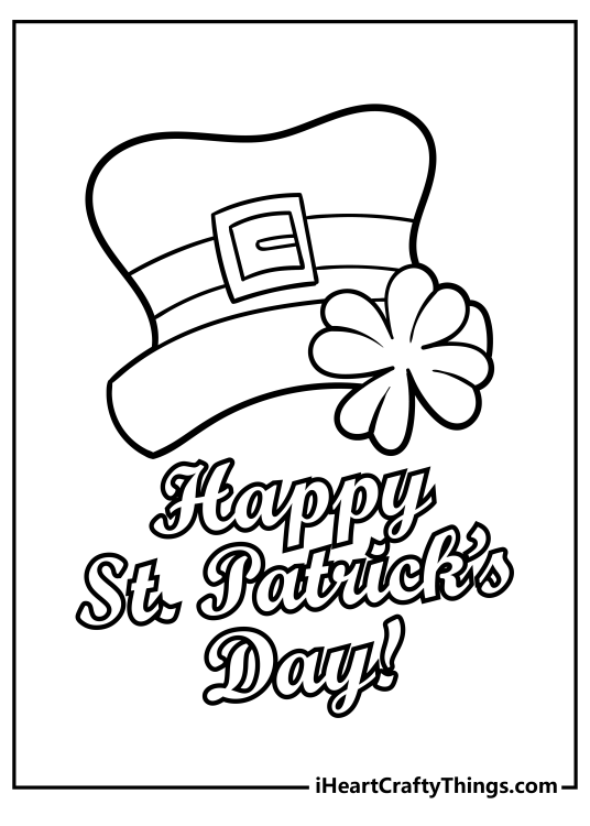 Printable card depicting leprechaun hat with a shamrock and Happy St Patricks Day message under it