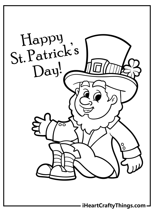 St Patricks Day-themed coloring page for kids featuring friendly leprechaun sitting and waving hello