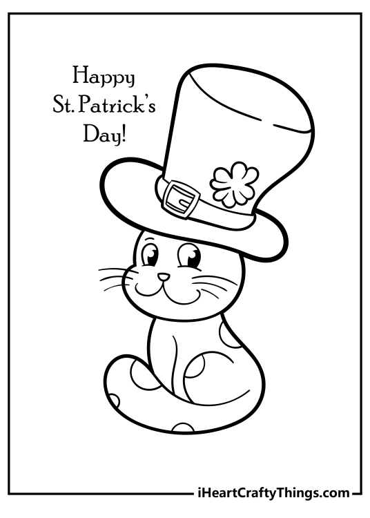 Image of a cute cat wearing a leprechaun hat with Happy St Patricks Day message above him