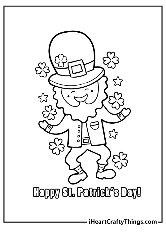 Drawing of a cartoony leprechaun surrounded by shamrocks and a Happy St Patricks Day greeting