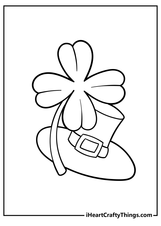 St Patricks Day-themed drawing featuring four-leaf clover arranged next to a leprechauns hat