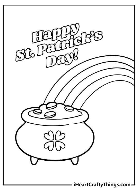 Image featuring pot of gold at the end of a rainbow and a Happy St Patricks Day message above it