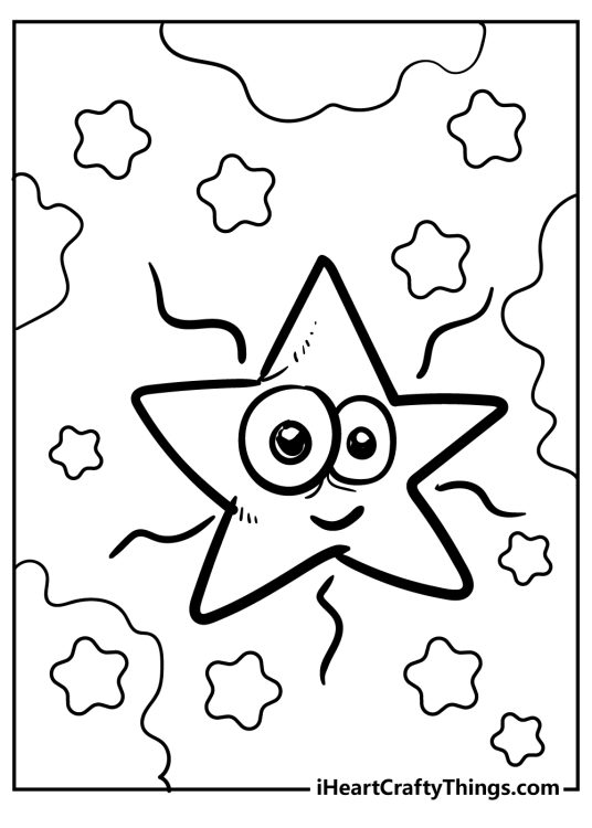 Coloring pdf featuring star with funny and exaggerated facial expression surrounded by smaller stars and clouds