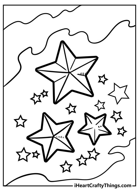 Printable page showing three stars with a 3D effect and lots of smaller stars surrounding them