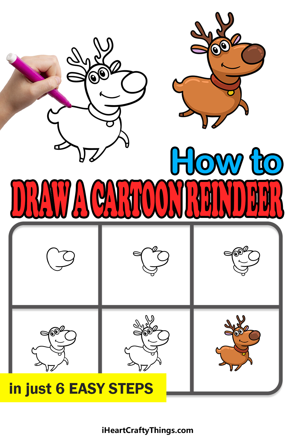 how to draw a cartoon reindeer in 6 easy steps