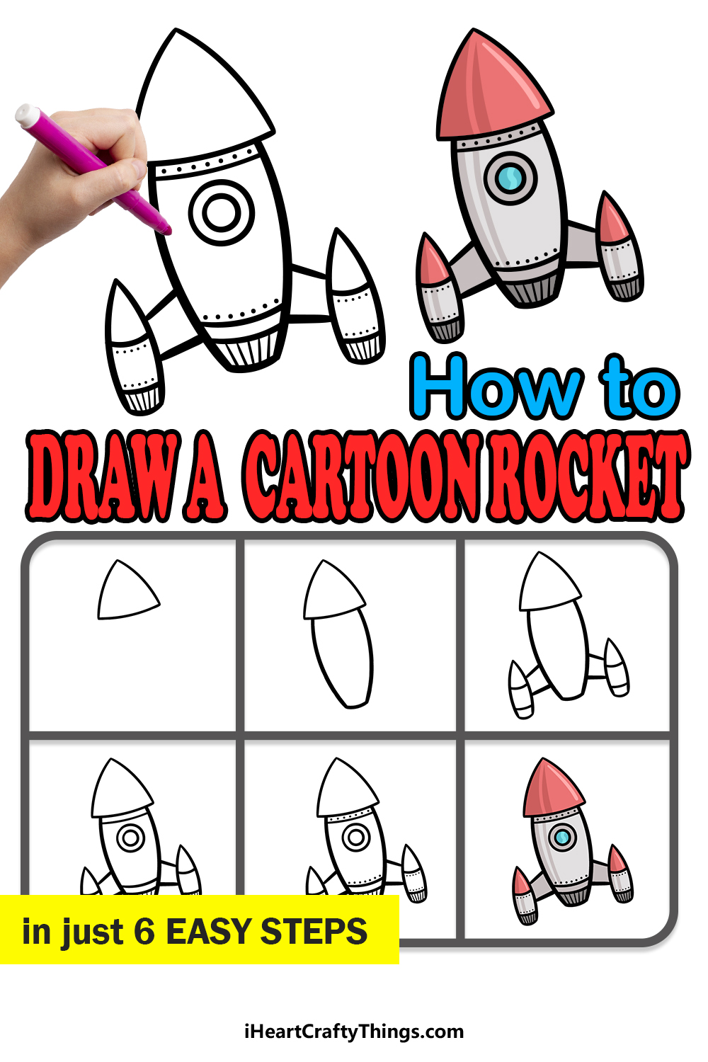 how to draw a cartoon rocket in 6 easy steps