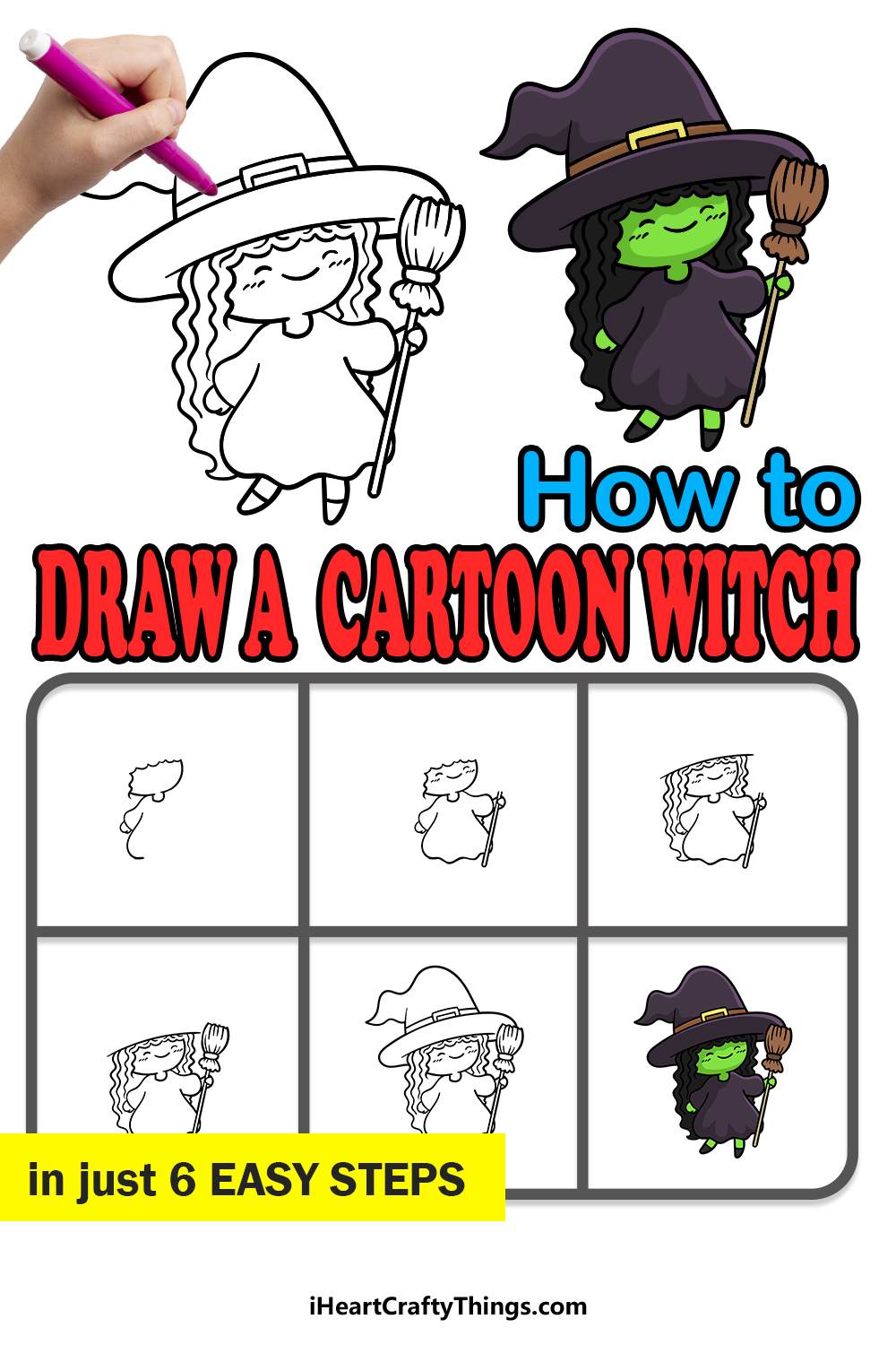 how to draw a cartoon witch in 6 easy steps