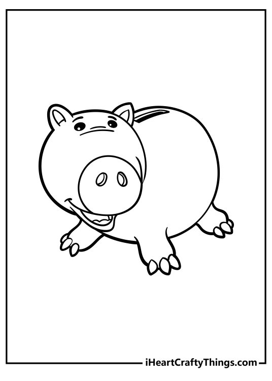 Picture to print and color of a Toy Story character Hamm the piggy bank with blank background