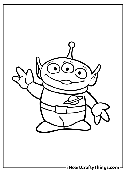 Toy Story-themed printable coloring sheet presenting cute toy alien with three eyes and antennae