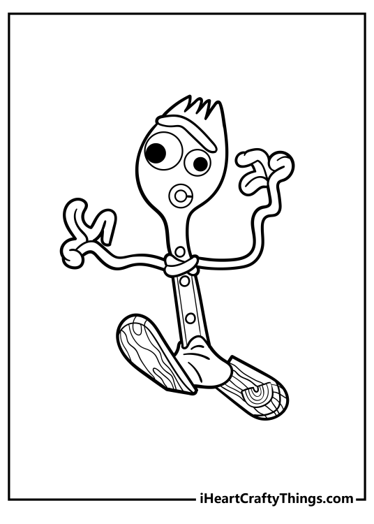 Toy Story-themed printable page featuring simple design character Forky with clear background behind him