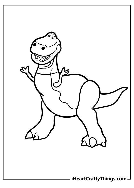 Printable coloring image capturing happy-looking Toy Story character dinosaur Rex with blank background