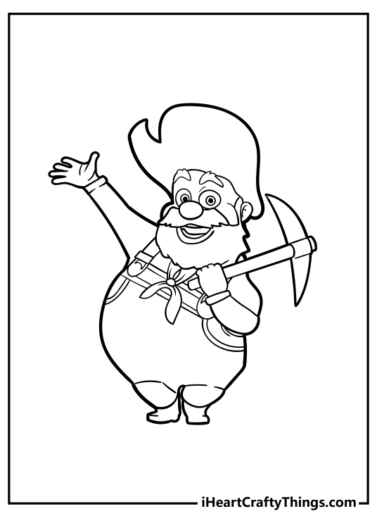 Free coloring sheet for kids depicting character Stinky Pete from Toy Story posing with his axe