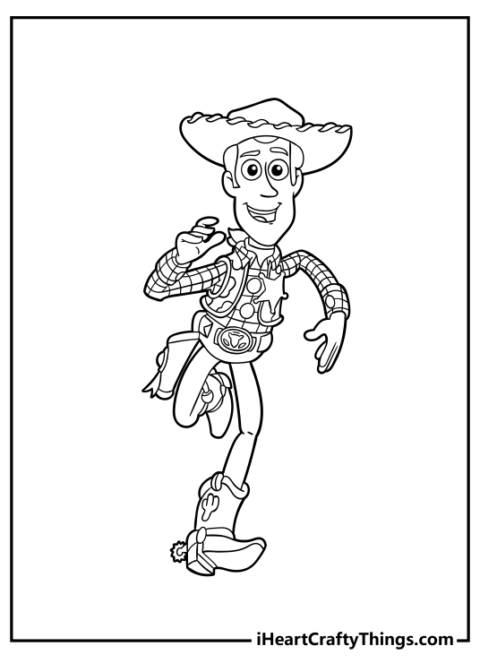 Toy Story coloring page presenting one of the main characters - Sheriff Woody happily running towards us