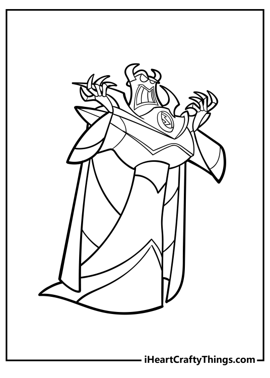 Coloring image presenting evil Emperor Zurg from the Toy Story with clear background behind him