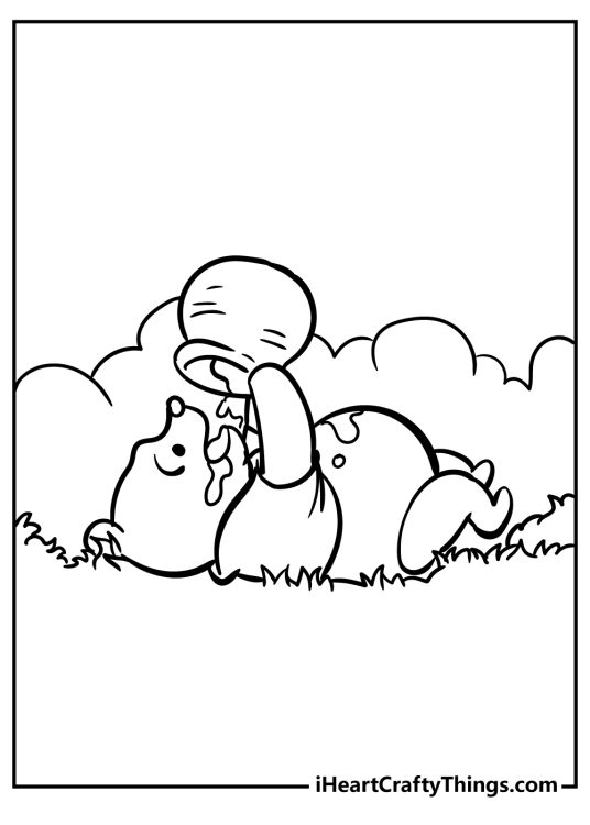 Picture of a Winnie the Pooh lying on his back in a peaceful field and enjoying a pot of his beloved honey
