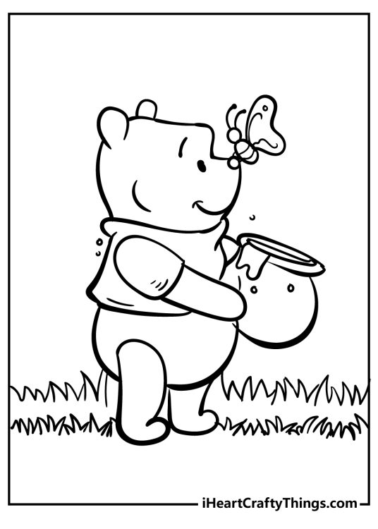 Coloring pdf featuring Winnie the Pooh with his honey pot and a cute butterfly landed on his nose
