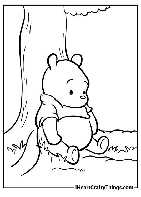 Coloring picture for pre-schoolers presenting Winnie the Pooh sitting under a tree