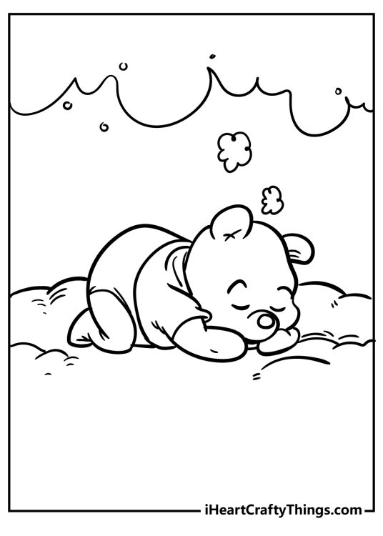 Winnie the Pooh coloring page featuring Pooh bear taking a nap on its belly with bubbles above his head