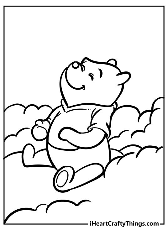 Coloring pdf with a Winnie the Pooh pictured daydreaming while sitting on some puffy clouds