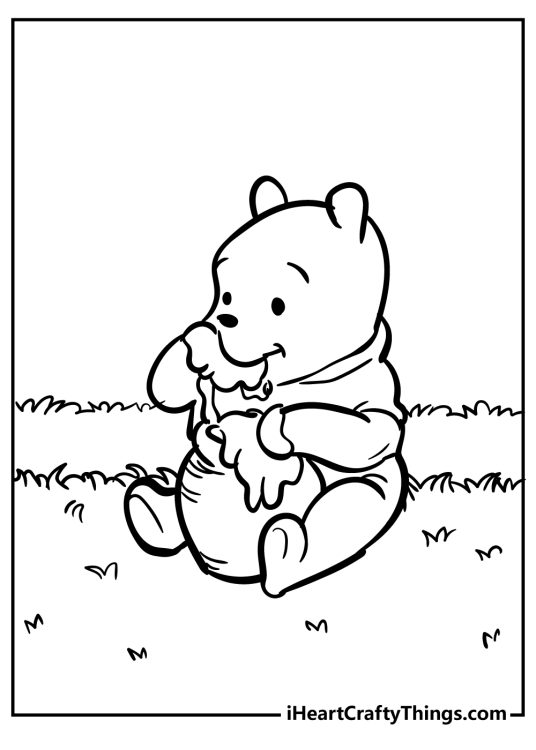 Winnie the Pooh-themed picture presenting a baby Winnie sitting on some grass and enjoying honey