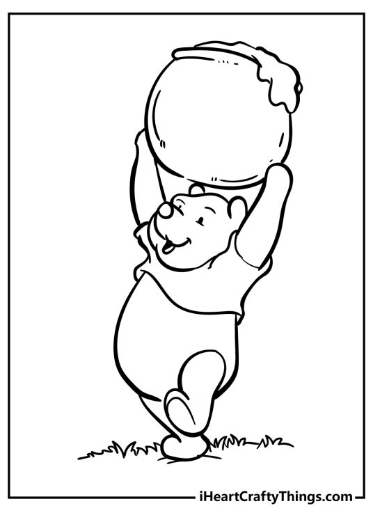 Coloring page for children of a Winnie the Pooh carrying a huge pot of honey above his head