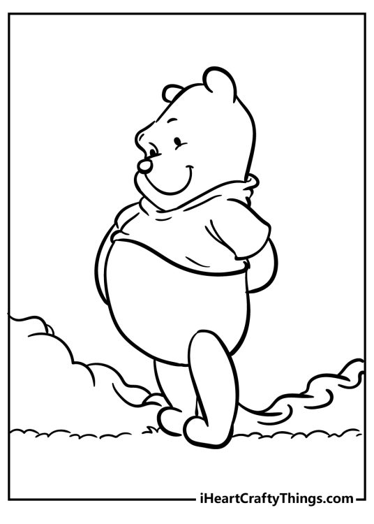 Picture featuring an outdoors scene with Winnie the Pooh standing all happy turned to the left side