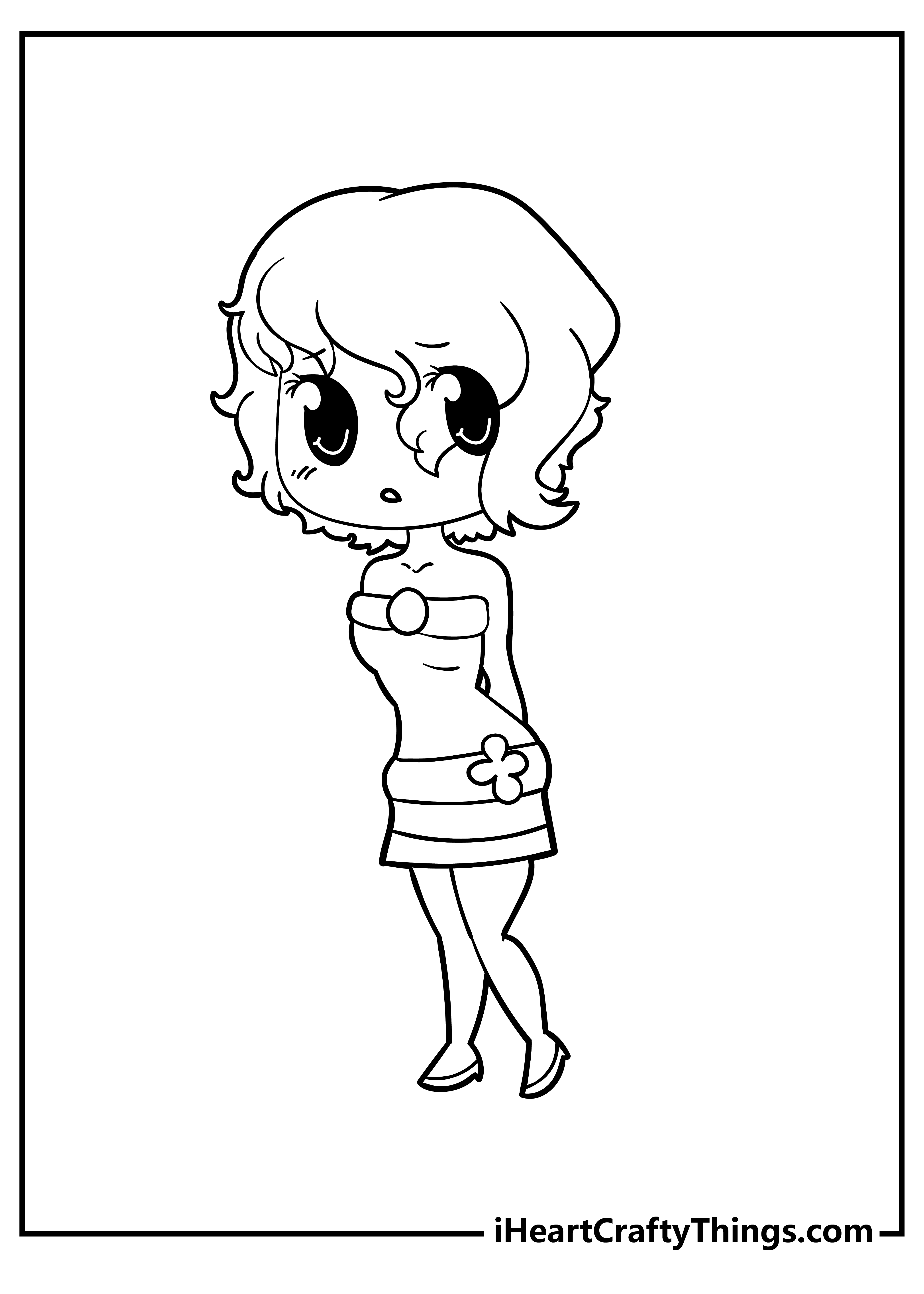 Kawaii girl in a cute dress coloring page for girls