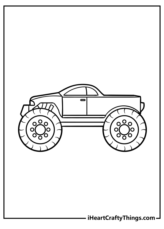 Free printable pdf for kids of a Monster Truck with very streamlined design and perfectly round wheels