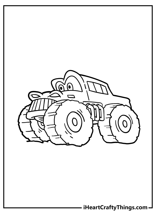 Detailed coloring pafe for kids featuring unusual Monster Truck with with facial details
