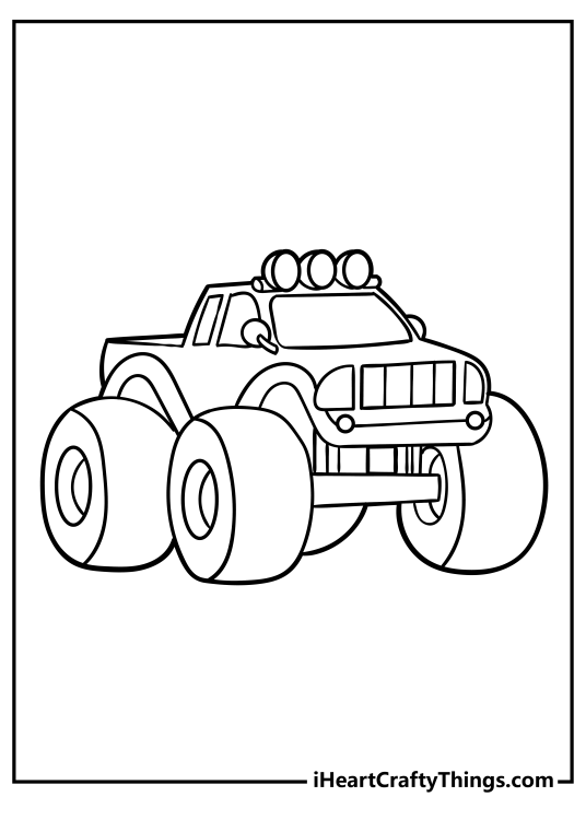 Coloring image depicting sturdy Monster Truck with some lights mounted at the top of it