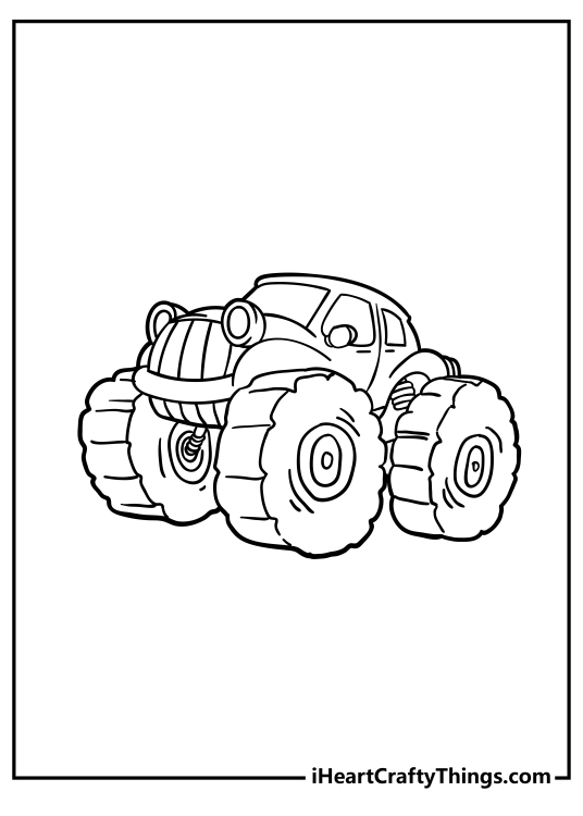 Free coloring printable for kids featuring rounded line Monster Truck with big wheels