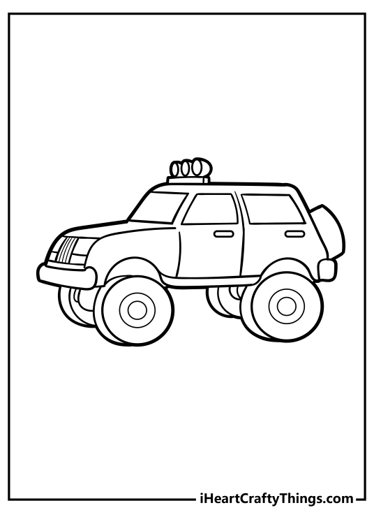 Free Monster Truck coloring page for kids presenting truck with some lights mounted on top