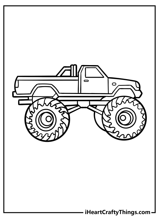 Monster Truck-themed coloring image featuring truck with incredibly big and detailed wheels