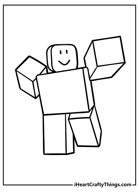 Roblox-themed printable page featuring blocky character with a smiling face and empty background behind him